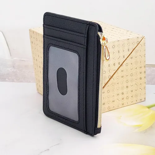 Vista 4 de CATCH ON Cartera pequeña para mujeres y hombres, delgada y minimalista de piel sintética, bolsillo frontal, tarjetero con bolsillo con cremallera
