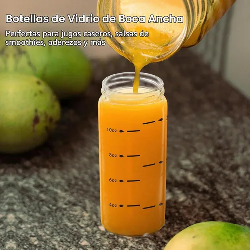 Vista 5 de Botellas de jugo de vidrio de 12 onzas - 2 paquetes de botellas de agua de boca ancha con tapas para jugos, botellas de jugo reutilizables