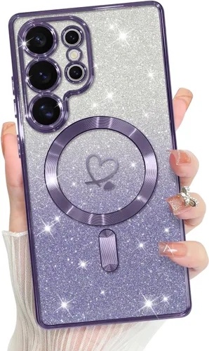 Vista 514 de Bonoma - Funda compatible con Samsung Galaxy S21 Plus, diseño de corazón con purpurina, color rosa Support for MagSafe, Plating Magnetic Case TPU