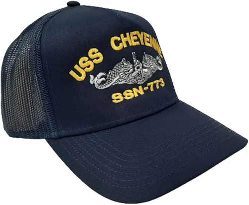 Vista 2 de USS Cheyenne SSN-773 - Gorra de béisbol con diseño de barco azul marino con malla azul Snapback de 35 pulgadas panel frontal de algodón Azul Marino 0
