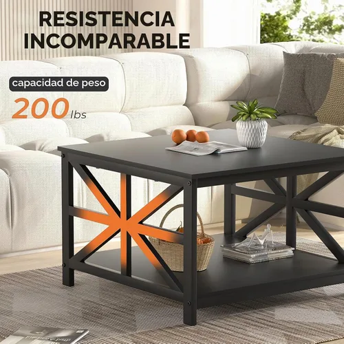 Vista 4 de GreenForest Mesa de café moderna para sala de estar con almacenamiento de 2 niveles, pequeña mesa central de granja cuadrada de madera y metal