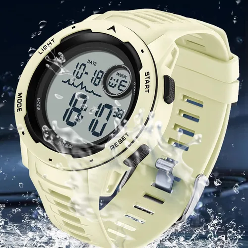 Vista 5 de Reloj deportivo digital rojo para hombre, reloj para hombre, táctico, militar, 5ATM, resistente al agua, para hombre, con luz LED, alarma, fecha