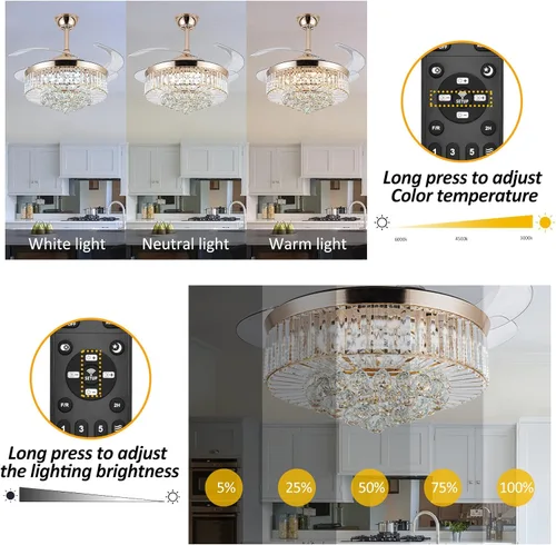 Vista 3 de Bavnnro Ventiladores de techo de cristal con luz, ventilador retráctil de 36 pulgadas, LED regulable, kit de luces de ventilador de techo de cristal