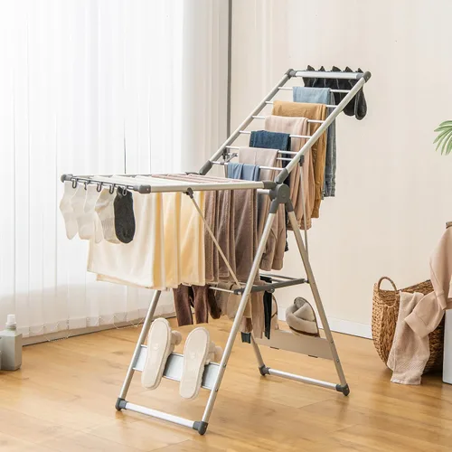 Vista 2 de Giantex Estante de secado de ropa, 2 capas de aluminio plegable con altura ajustable de 5 niveles, 21 rieles de secado, 10 clips laterales, 4