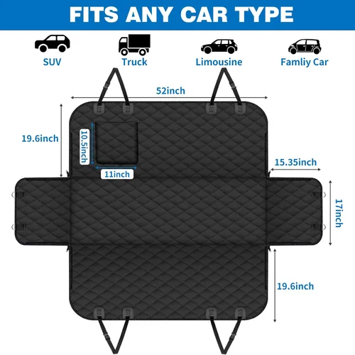Vista 2 de (54 pulgadas de ancho x 56 pulgadas de largo, funda negra para asiento trasero impermeable para perro con ventana de malla duradera