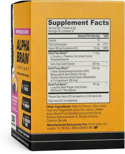 Vista 5 de ONNIT Alpha Brain - Mezcla de bebida instantánea de apoyo cognitivo, sabor a limonada de mora, suplemento nootrópico para concentración, memoria
