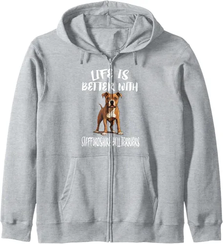 Vista 3 de La vida es mejor con la sudadera con capucha Staffordshire Bull Terriers Dogs Zip, Negro