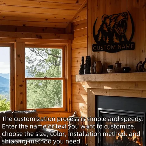 Vista 4 de Arte de pared de metal con oso grizzly de bosque, letreros personalizados con nombre de oso rugiente, decoración de pared personalizada de cabaña