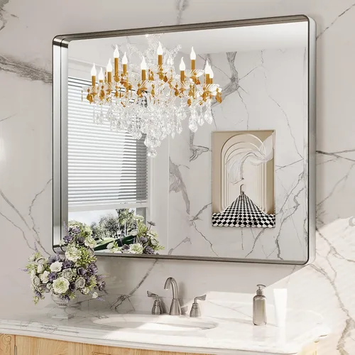 Vista 99 de LOAAO 20x16 Pulgadas Espejo de Baño con Marco de Metal Negro para Pared, Espejo de Tocador de Baño de Estilo Granja, Espejo Grande Rectangular