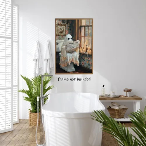 Vista 4 de Divertido arte de pared de fantasmas de Halloween para baño, periódico de lectura de fantasmas en el inodoro, póster de lienzo oscuro caprichoso