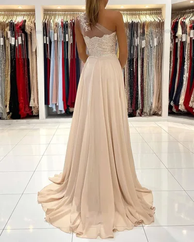 Vista 2 de Vestidos de dama de honor para boda, vestido de noche formal de un hombro con encaje acampanado y bolsillos