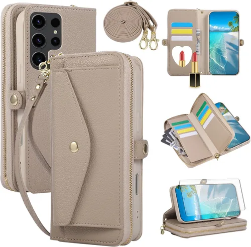 Vista 81 de Asuwish Funda de teléfono para Samsung Galaxy S23 5G con cremallera, funda para celular con protector de pantalla, correa para el hombro, espejo