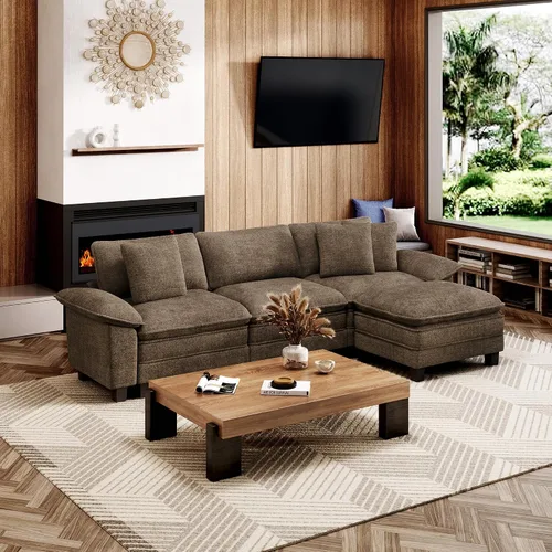 Vista 14 de Sofá seccional en forma de U de 123 pulgadas con cojines tipo nube, juego de sofá modular de asiento profundo con 5 asientos y 2 otomanos, brazos