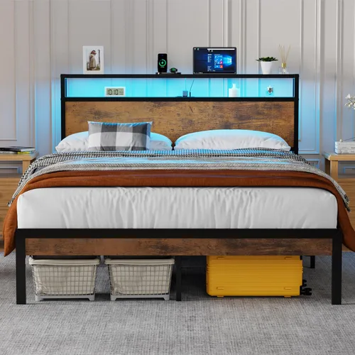 Vista 9 de Full Size Bed Frame with Headboard Built-in Charging Station & Led Lights