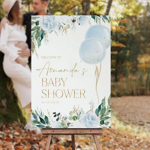 Vista 4 de Letrero de bienvenida personalizado para baby shower, letrero de bienvenida personalizado para bebé, letrero de bienvenida de globo azul, decoración