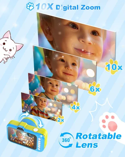 Vista 5 de Cámara para niños Uffylle, selfie frontal de 1080P 48MP, cámara de juguete para niños pequeños con pantalla grande de 3.5 pulgadas, zoom 10X