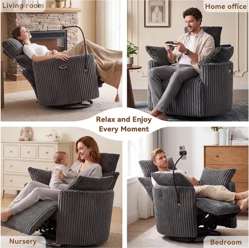 Vista 8 de FOXHUNTER Mecedora mecedora Power Glider, mecedora giratoria de 360°, con puerto de carga USB y soporte para teléfono, reposapiés, para sala