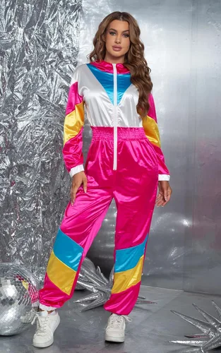 Vista 5 de Yisfri Traje retro de una pieza con bloques de color para mujer, traje retro de los años 80 con cintura elástica con capucha