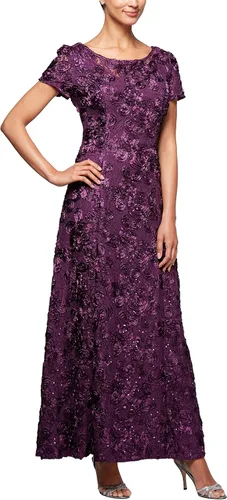 Vista 11 de Alex Evenings Women's Long Rosette Mother of The Bride Dress with Short Sleeves Bígaro cepillado