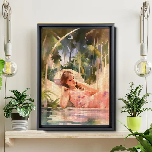 Vista 6 de Fine Art Print, Illustration, Summer-Inspired Tropical Artwork for Wall Decor, Relaxing Woman by the Pool Amidst Lush Plants