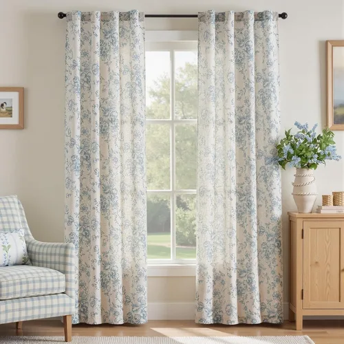 Vista 57 de Jinchan Cortinas de Mezcla de Lino con Estampado Floral para Sala de Estar, 84 Pulgadas de Largo, Cortinas con Bolsillo para Varilla y Tab Trasera