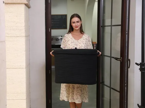 Vista 7 de Cesta rectangular extragrande de cuerda de 22 x 14 x 18 pulgadas con tapa, cesta decorativa de almacenamiento de mantas, baúl de algodón con funda