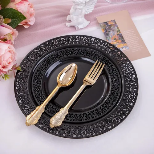 Vista 5 de U-QE 150 platos de plástico negro con cubiertos de plástico dorado, platos negros desechables para fiestas, incluyen 30 platos llanos de 10.25