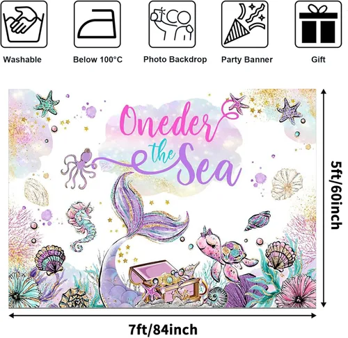 Vista 2 de Avezano Oneder The Sea - Telón de fondo con tema de sirena, decoración para fiesta de primer cumpleaños, fiesta de sirena bajo el mar, fondo