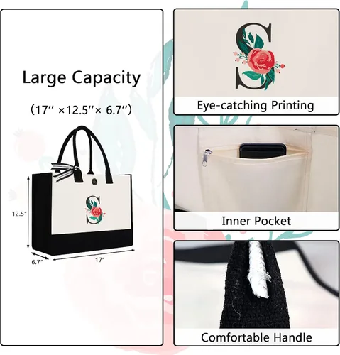 Vista 4 de Initial Canvas Tote Bag, Monogrammed Tote Bags Suitable for Mother's Day Wedding Beach