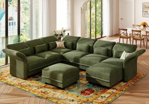 Vista 10 de LLappuil - Sofá seccional en forma de L con almacenamiento, sofás seccionales modulares beige de pana para sala de estar con brazos y respaldos Pana