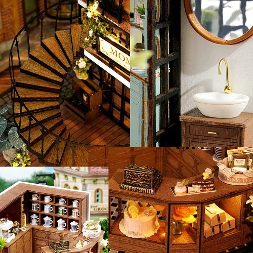 Vista 5 de Mini casa de muñecas en miniatura de madera, tienda de té del bosque, escena, modelo de construcción, casa de juguete con luces LED y cubierta