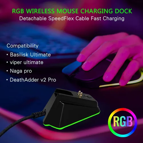 Vista 7 de Base de carga para mouse inalámbrico Razer Viper Ultimate Naga Pro DeathAdder V2 Pro y Basilisk Ultimate Magnetic Charging RGB Lights Indicador