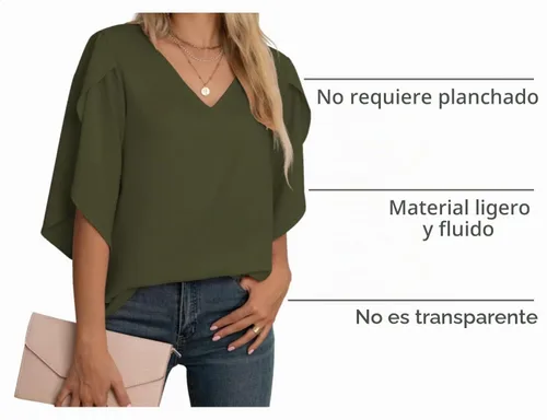 Vista 4 de Blusas de gasa con mangas 3/4 arrugadas de otoño para mujer de Jouica 01amy Verde