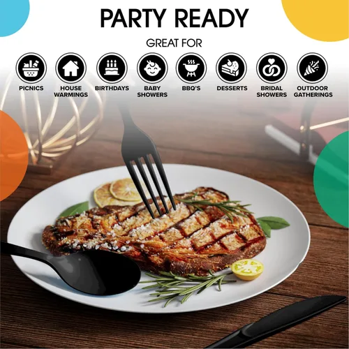Vista 6 de Party Solids - Juego de cubiertos de plástico negro resistente de 300 piezas, cubiertos desechables negros resistentes, juegos de utensilios, 100