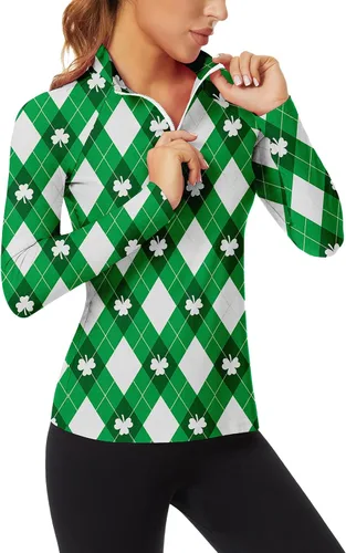 Vista 13 de WOWENY - Camiseta de manga larga con cremallera de 1/4 para mujer, con cuello, para hacer deporte, con estampado, para tenis Hoja multicolor.