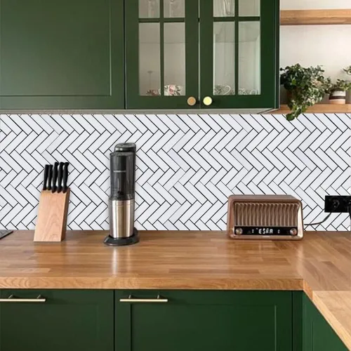 Vista 5 de Azulejos para salpicaderos adhesivos de cocina en espiga, azulejos de mosaico para pared de baño en chevron blanco, paquete de 6