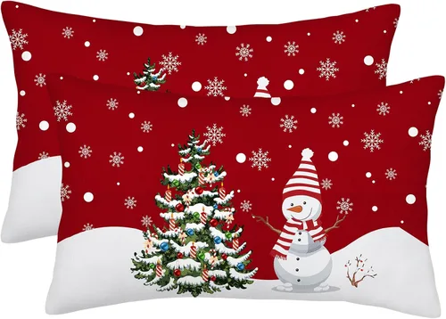 Vista 12 de Fundas de Almohada de Navidad Azul Marino 16x16 Juego de 2 Estilo Granja Muñeco de Nieve Copo de Nieve Árbol de Navidad Fundas de Almohada