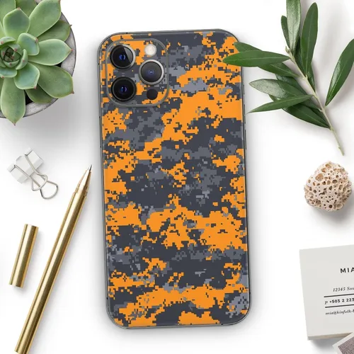 Vista 7 de DesignSkinz Kit de calcomanías de cuerpo completo compatible con iPhone 15 Plus, camuflaje digital naranja y gris