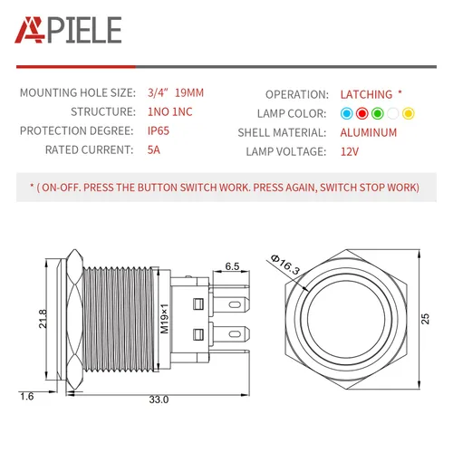 Vista 2 de APIELE Interruptor de botón de bloqueo de 0.748 in, 12 V CC, anillo de halo de ojo de ángel LED de 0.74 pulgadas, 1NO1NC SPDT con enchufe de cable