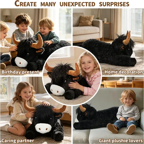 Vista 6 de Peluche de vaca gigante de las tierras altas de 39 pulgadas, juguete de peluche de ganado grande para niños y adultos, almohada de peluche esponjosa