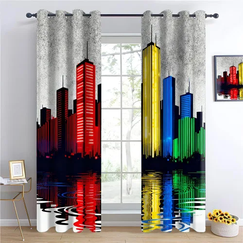 Vista 8 de Cyber Ring Curtains, Thermal Insulated Darkening Drapes For Sci-Fi Home Decor, Futuristic Neon Circle Digital Grid Scene Grommet Window Treatments