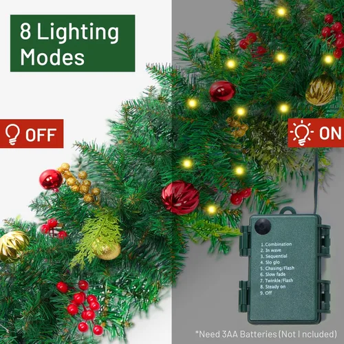 Vista 4 de Guirnalda de Navidad de 9 pies con luces, guirnalda iluminada que funciona con baterías con piñas, bayas rojas, ramas frondosas, 50 luces LED, 8