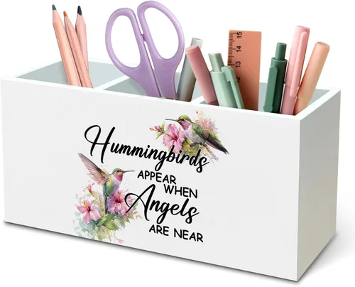 Vista 11 de DILSJ Hummingbird - Organizador de lápices inspirador para escritorio, regalos inspiradores para mujeres, citas motivacionales, caja de madera