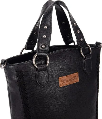Vista 3 de Wrangler Bolsos de mano con asa superior para mujer, bolsos acolchados con bolsillos con cremallera, trenza en forma de U y diseño único de remaches