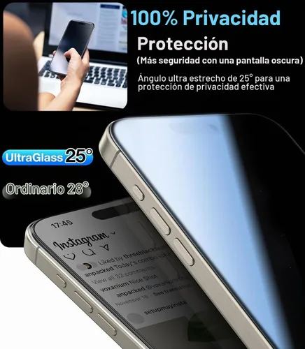 Vista 3 de UltraGlass Vidrio Ultra 9H+ para iPhone 13 Pro Max Protector de Pantalla de Privacidad [No.1 Grado Militar Irrompible y 100% Anti Espía] Vidrio