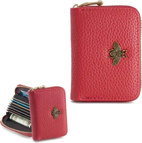 Vista 8 de WOZEAH Billetera pequeña para mujeres con bloqueo RFID, cartera para tarjetas de crédito, cartera de acordeón de cuero con cremallera, Negro