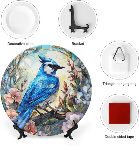 Vista 3 de Platos decorativos, pájaro azul y flores, vitrales, para el hogar, oficina, cocina, decoración de mesa, platos de porcelana de 6 pulgadas, regalos