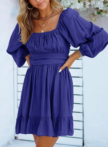 Vista 5 de Dokotoo Vestido largo para mujer, manga farol, cuello cuadrado, lazo sin espalda, vestido sexy con volantes, cintura elástica, acampanado, mini