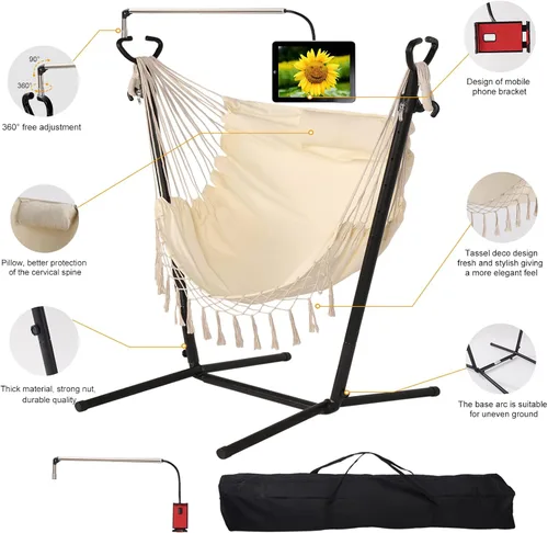 Vista 8 de Hamaca con soporte incluido con soporte para teléfono, silla doble colgante, macramé, estilo boho, hecha a mano, columpio ajustable para interiores