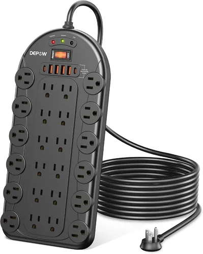 Vista 13 de DEPOW Regleta protectora contra sobretensiones de 6.5 pies con 24 salidas de CA (1875 W/15 A), 6 USB (2 puertos USB-C), 3,400 julios, cable de Negro